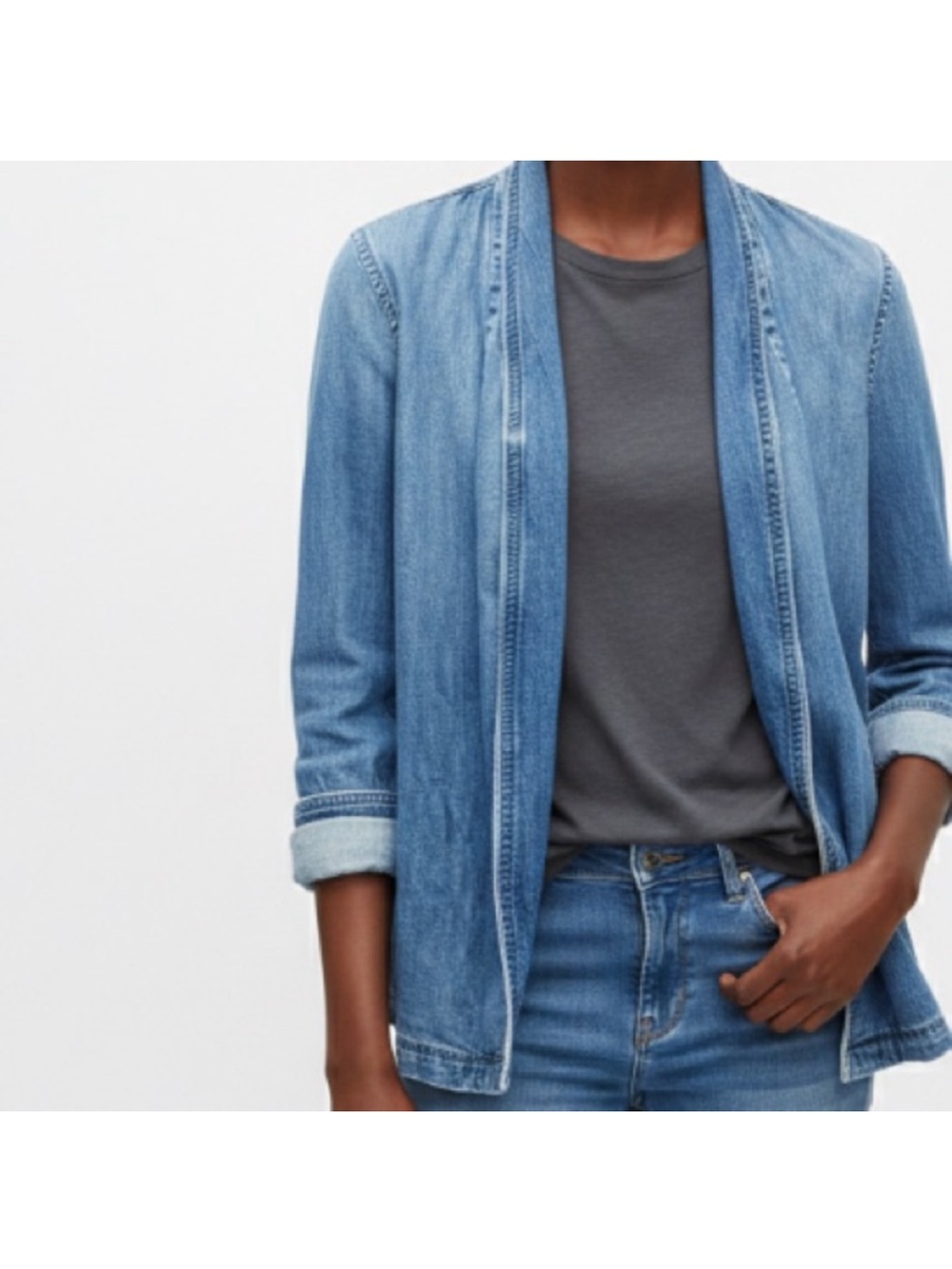 Equipment Lightweight Denim Blazer Jacket Womens XS Open Front Missing Belt